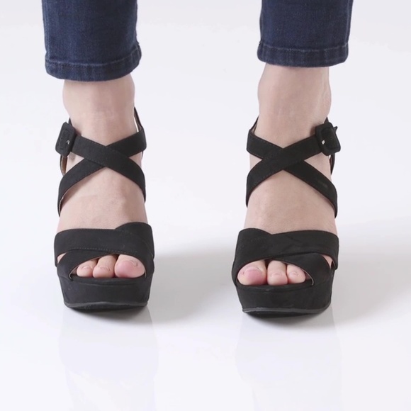 Black Strappy Caged Vamp Platform Wedge Sandals - Picture 3 of 8